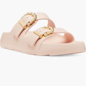 Womens Stuart Weitzman imitation pearl buckle slides. Size 9. NIB